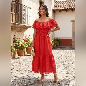 sofia by sofia vergara Red Off-Shoulder Eyelet Maxi Dress
